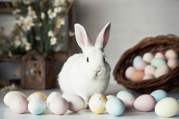Coniglio bianco con uova di Pasqua per il giorno di Pasqua Generativo Ai