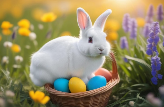 Coniglio bianco in un cesto con uova colorate in un campo con margherite per Pasqua