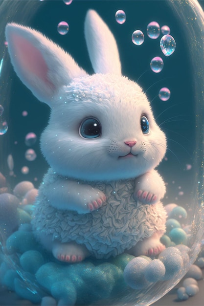 Coniglio bianco in una bolla piena di bolle generative ai
