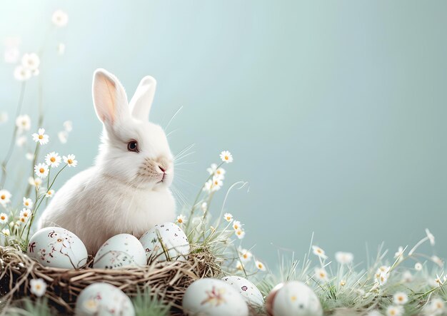 Coniglio bianco seduto accanto alle uova AI generativa