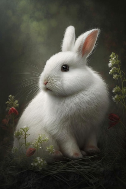 Coniglio bianco seduto in un campo di fiori ai generativo