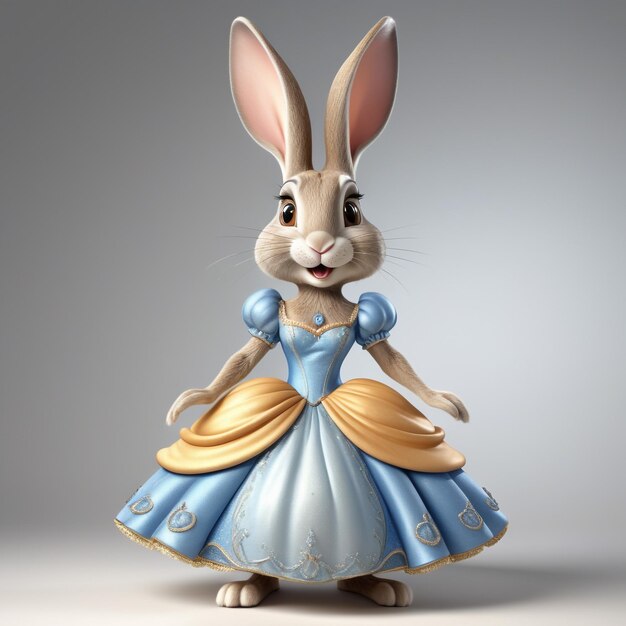 Coniglio caricatura antropomorfa indossando un abbigliamento a Cenerentola in piedi a vista del corpo intero iso