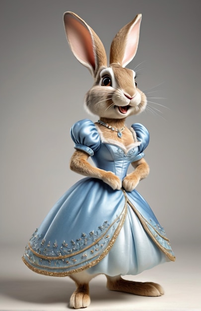 Coniglio caricatura antropomorfa indossando un abbigliamento a Cenerentola in piedi vista completa del corpo