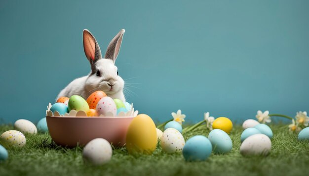 Coniglio carino con uova di Pasqua fantasia sull'erba Generativo Ai