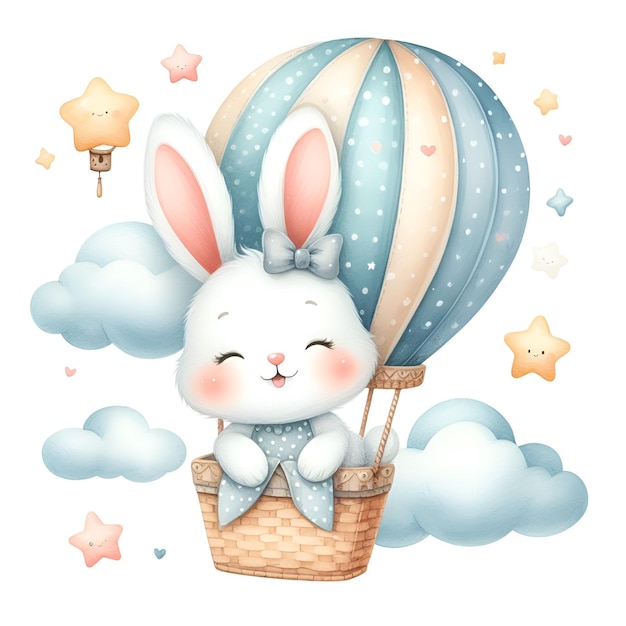 Coniglio carino in una mongolfiera con nuvole e stelle concetto di vivaio illustrazione ad acquerello