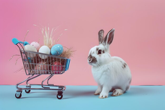 Coniglio carino, uova di Pasqua colorate e un carrello della spesa, concetto di un felice giorno di Pasqua.