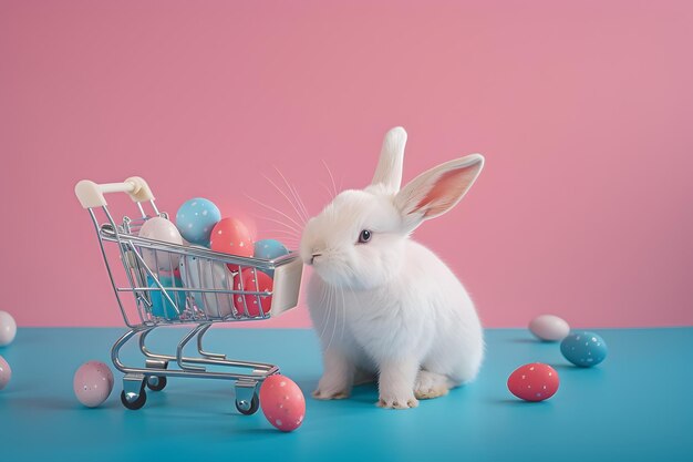 Coniglio carino, uova di Pasqua colorate e un carrello della spesa, concetto di un felice giorno di Pasqua.