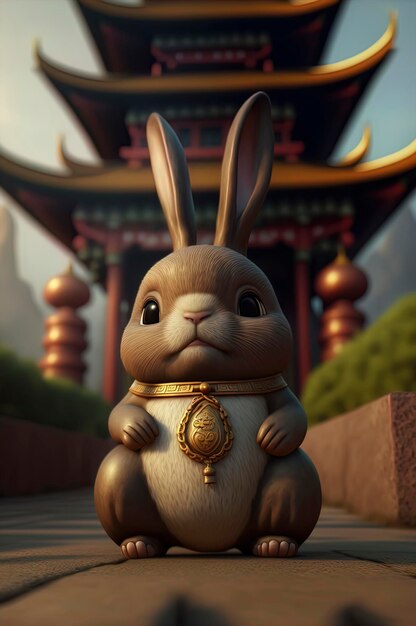 Coniglio cartone animato seduto davanti a una pagoda