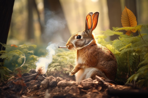 Coniglio che fuma ganja dalla sua tana nella foresta creata con l'IA generativa