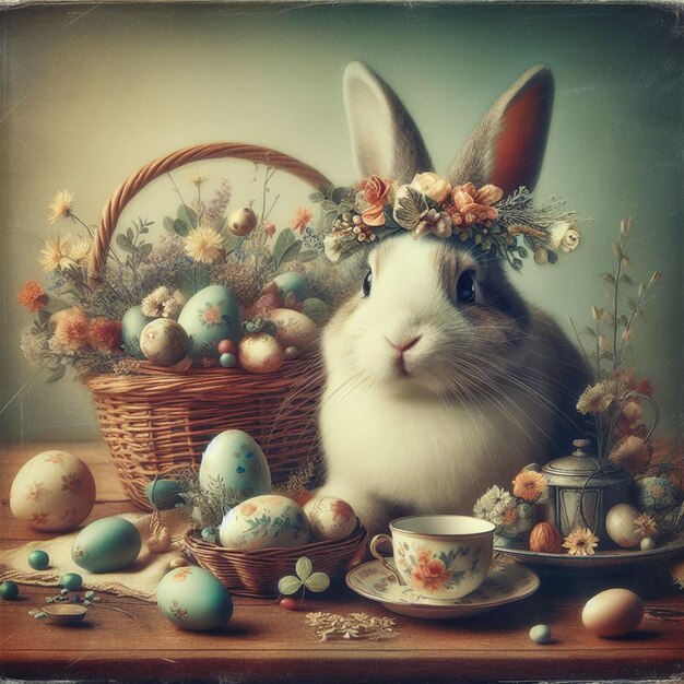Coniglio con cesto di vimini di uova di Pasqua floreali e fiori sul tavolo da pranzo
