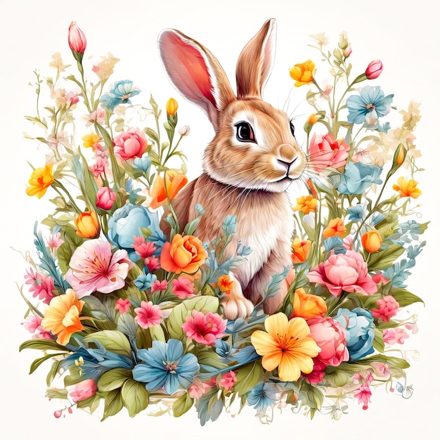 Coniglio con decorazione floreale Acquerello Illustrazione Dolce coniglietto di Pasqua