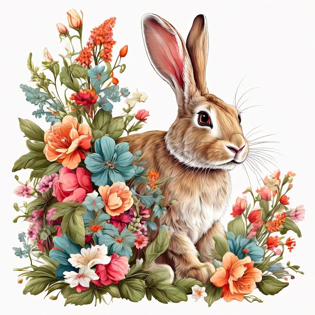 Coniglio con decorazione floreale Acquerello Illustrazione Dolce coniglietto di Pasqua