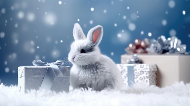 coniglio con scatola regalo sullo sfondo del Capodanno regali invernali
