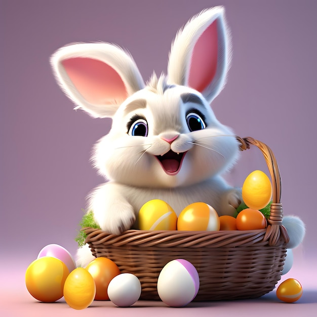 Coniglio con un cesto di fiori e uova a Pasqua generato dall'AI