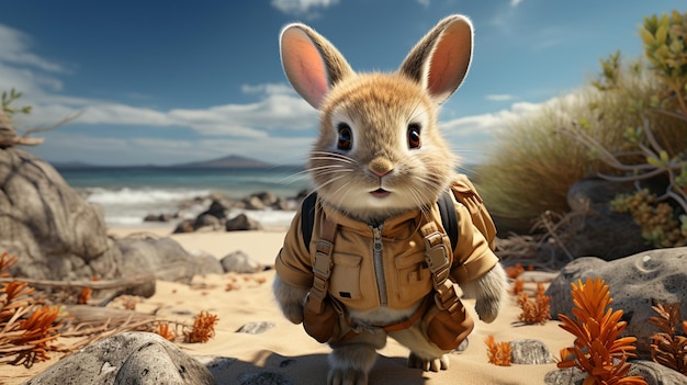 Coniglio con zaino sull'illustrazione 3D della spiaggia Tonica