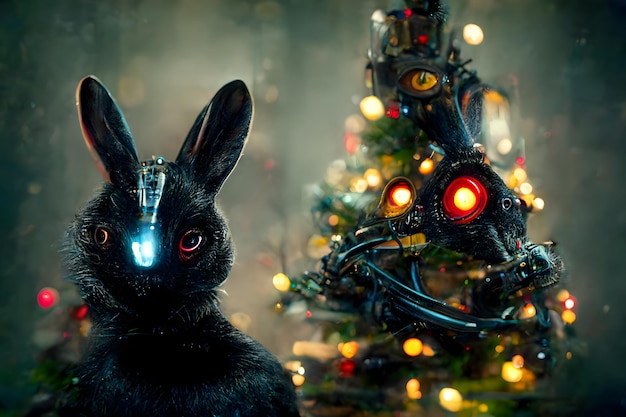 Coniglio d'acqua nera in stile cyberpunk su un albero di Natale illuminato caldo in uno sfondo sfocato neurale