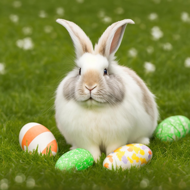 Coniglio d'angora inglese peloso singolo seduto sull'erba verde con l'uovo di pasqua
