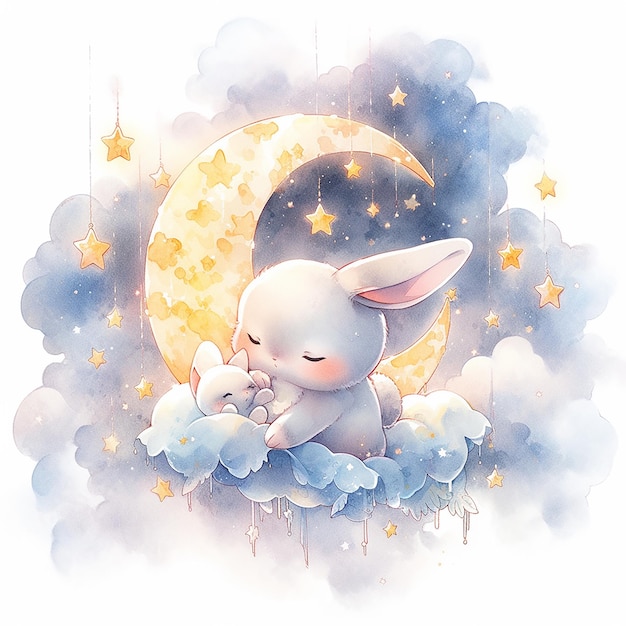 Coniglio da sogno che dorme sul cielo al chiaro di luna