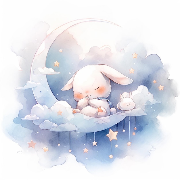 Coniglio da sogno che dorme sul cielo al chiaro di luna