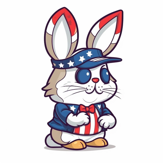 Coniglio del fumetto vestito in abito patriottico con cappello della bandiera americana ai generativo