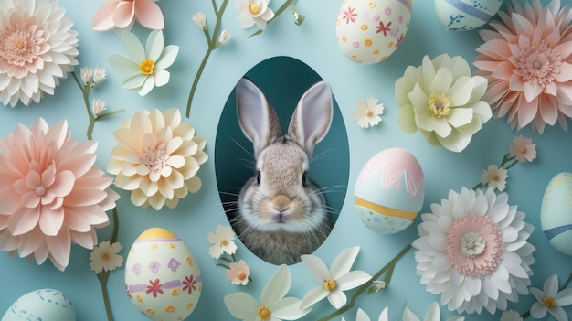 Coniglio di carta e uova di Pasqua annidati tra l'erba e i fiori