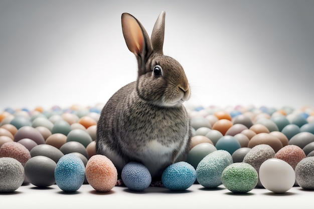 Coniglio di coniglietto di Pasqua circondato da uova di Pasqua colorate al cioccolato In studio su sfondo bianco