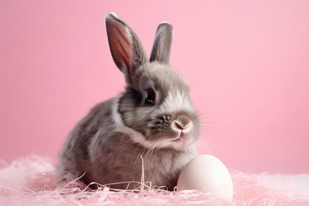 Coniglio di coniglietto di Pasqua su uno sfondo rosa che tiene un concetto di vacanza uovo decorato per Pasqua