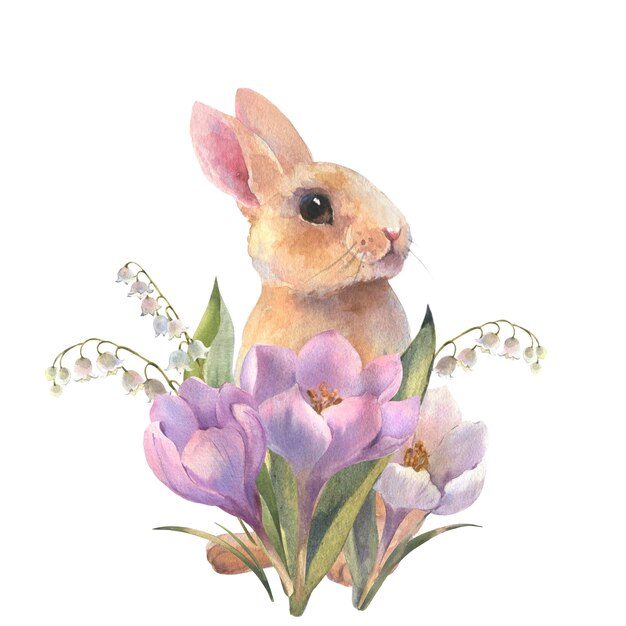 Coniglio di Pasqua acquerello coniglietto con fiori primaverili in colori pastello illustrazione dipinta a mano