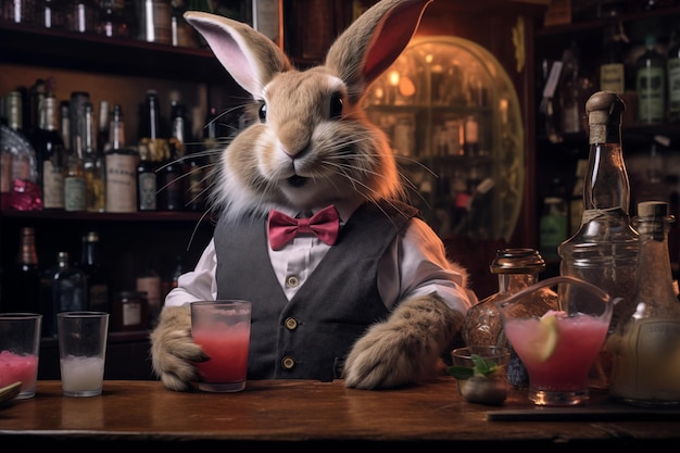 Coniglio di Pasqua al bancone del bar Coniglio con un papillon Personaggio animale antropomorfo