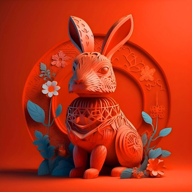 Coniglio di Pasqua con fiori su sfondo rosso rendering 3d