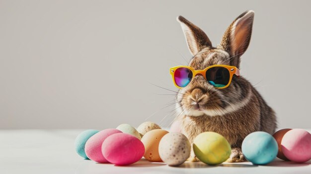 Coniglio di Pasqua con occhiali da sole e uova colorate