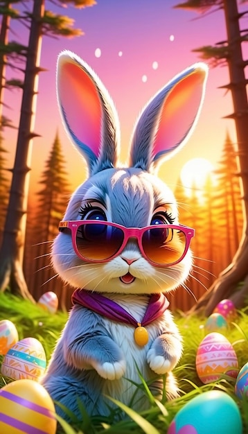 Coniglio di Pasqua con occhiali da sole fiori e uova colorate felice concetto di Pasqua
