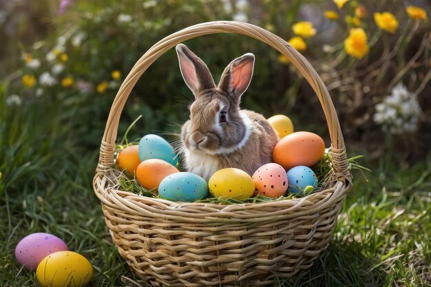 Coniglio di Pasqua con uova colorate nel cesto