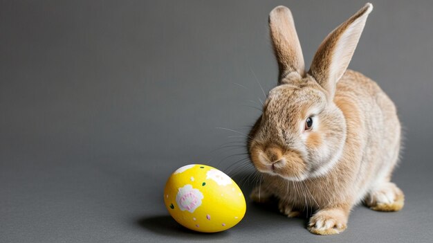 Coniglio di Pasqua con uovo su sfondo grigio Generativo Ai