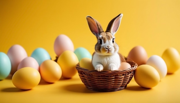 Coniglio di Pasqua e uova colorate sullo sfondo giallo Schema banner felice copia di Pasqua spazio generato da AI
