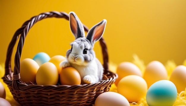 Coniglio di Pasqua e uova colorate sullo sfondo giallo Schema banner felice copia di Pasqua spazio generato da AI