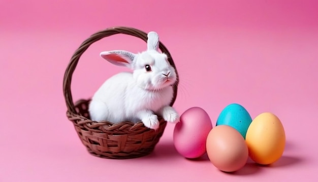 Coniglio di Pasqua e uova colorate sullo sfondo rosa Schema banner felice copia di Pasqua spazio generato da AI