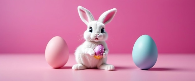 Coniglio di Pasqua e uova colorate sullo sfondo rosa Schema banner felice copia di Pasqua spazio generato da AI