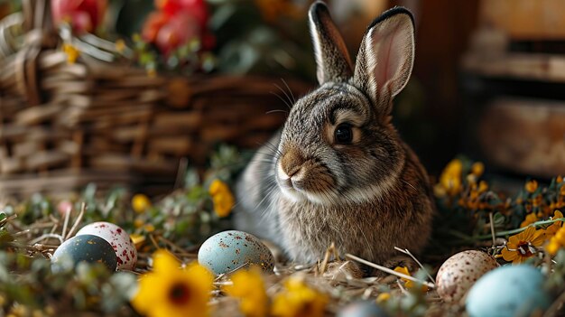 Coniglio di Pasqua e uova colorate