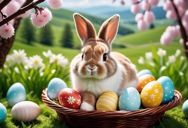 Coniglio di Pasqua e uova decorate concetto di caccia alle uova vacanza primaverile