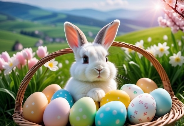 Coniglio di Pasqua e uova decorate concetto di caccia alle uova vacanza primaverile