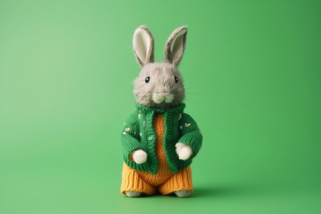 Coniglio di Pasqua felice in maglione su sfondo verde come cartolina d'auguri ai generativa