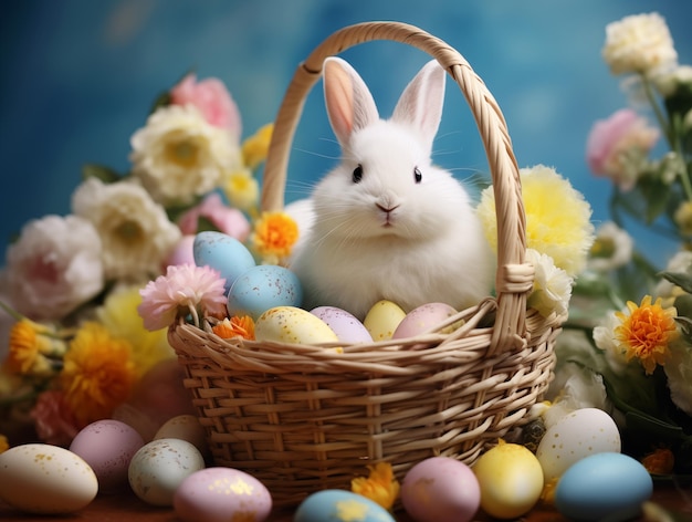 Coniglio di Pasqua in un cesto con uova colorate su uno sfondo di fiori di primavera