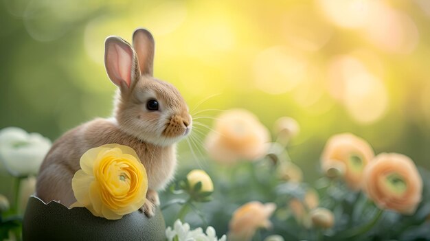 Coniglio di Pasqua in un guscio d'uovo e fiori di ranunculus sullo sfondo di un giardino in fiore