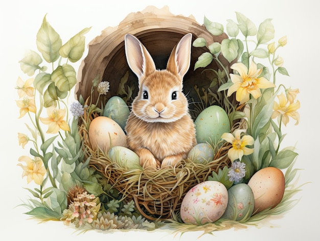 Coniglio di Pasqua in un nido con uova e fiori su uno sfondo bianco