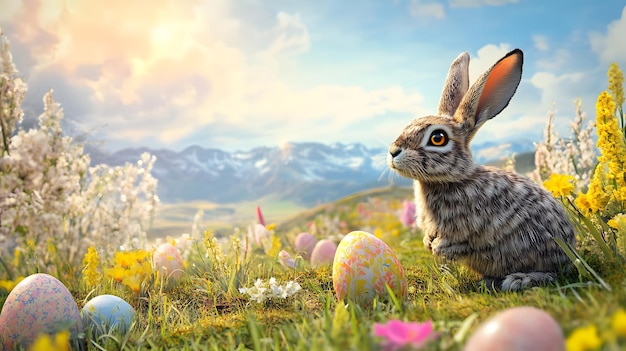 Coniglio di Pasqua in un paesaggio primaverile colorato con uova