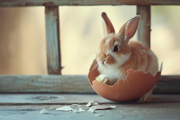 Coniglio di Pasqua nel guscio d'uovo rotto