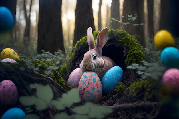 Coniglio di Pasqua nella tana della foresta tra le uova di Pasqua Coniglio soffice cerca uova decorate colorate nell'erba della foresta vicino al buco sotto forma di un uovo alla luce del sole