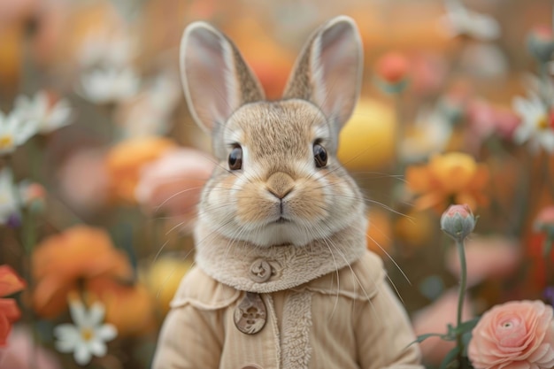 Coniglio di Pasqua vestito con un costume su uno sfondo floreale AI generativa