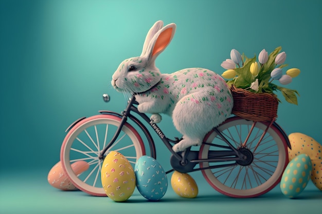 Coniglio divertente di Pasqua su una bicicletta uova colorate su sfondo blu IA generativa 2